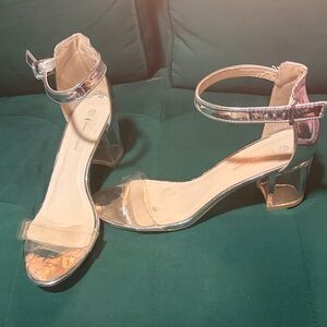 Silver and clear lucite block heel shoes